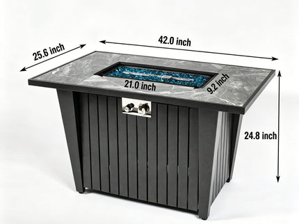 Morden Steel Fire Pit Table With Marble Tile Tabletop, Glass Wind Guard And Lid