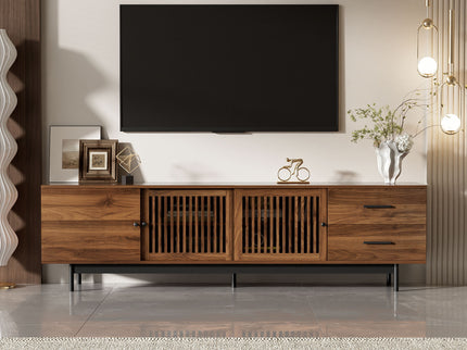 TV Stand, Media Console With 2 Drawers, Soft Closing Hinges, Adjustable Shelves, Slatted Design - Walnut