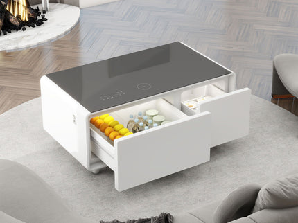Modern Smart Coffee Table With Built-In Fridge - tooth Speaker, Wireless Charging, Touch Control Panel, USB Interface, Outlet Protection, Atmosphere Light
