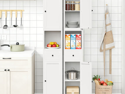 Tall Bathroom Storage Cabinet, 5-Tier Narrow With 2 Doors & Adjustable Shelves, Freestanding - White