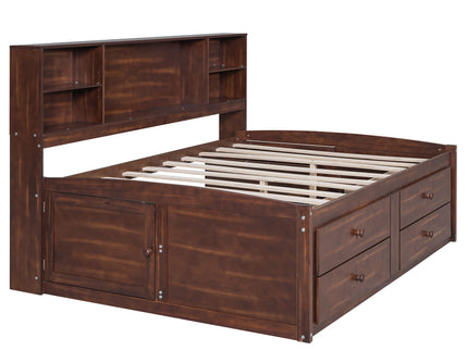 Full Size Captain Bed With Built In Storage Shelves, 4 Drawers And 2 Cabinets - Antique Brown