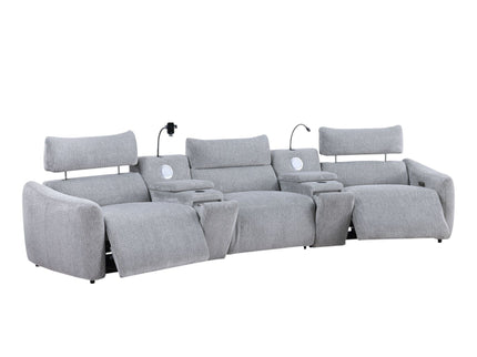 Fullar - Modular Power Motion Sectional Sofa With Console, 2 Wireless Chargers, 4 Cupholders, And 2 Speakers, 1 Phone Holder And 1 Reading Light, Adjustable Headrest - Light Gray