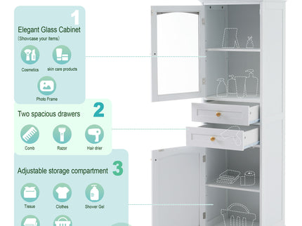 Tall Bathroom Storage Cabinet With Glass Doors, Free-Standing, Two Drawers, And Adjustable Shelves, Board, Painted Perfect For Displaying Your Favorite Items