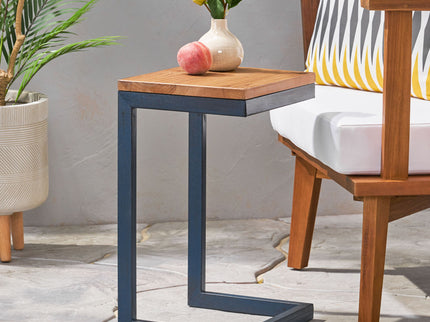 Small C Shaped End Table With Iron Base And Fir Wood Top - Black
