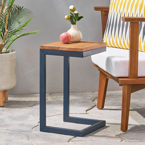 Small C Shaped End Table With Iron Base And Fir Wood Top - Black