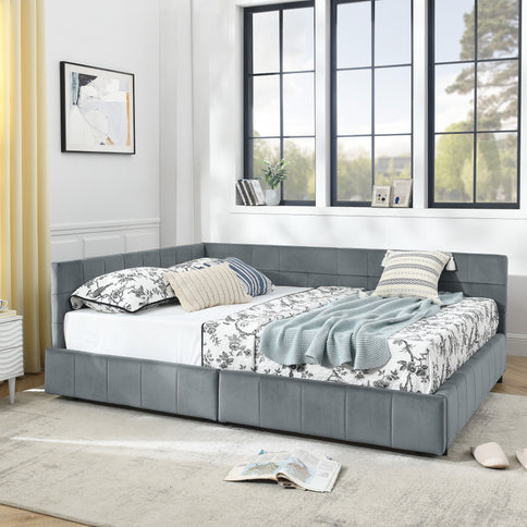Mid-Century Storage Upholstered Tufted Bed Frame With Backrest And Armrests