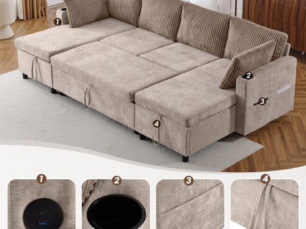 Sectional Sofa Bed With Pull Out Sleeper, USB Ports, Cup Holders