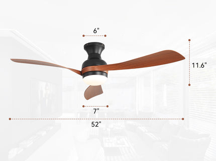 Ceiling Fan With Remote Controlled LED Light, 3 Blades, Reversible DC Motor, 6 Speeds, Dimmable, Flush Mount - Black