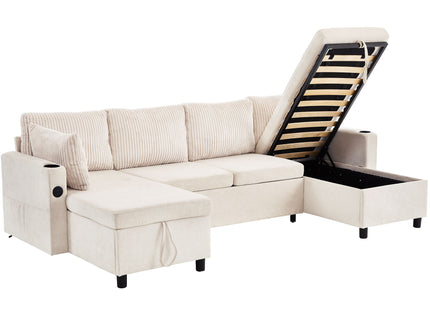 Sectional Sofa Bed With Pull Out Sleeper, USB Ports, Cup Holders