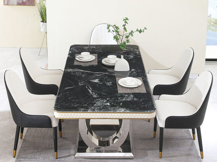 Luxury Modern Dining Table With Faux Marble Top And Dual Circle Base - Black