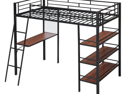 Loft Metal Bed With 3 Layers Of Shelves And Desk, Stylish Metal Frame Bed With board