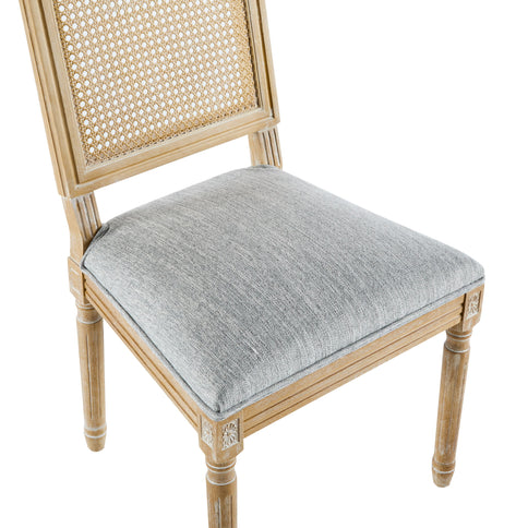 French Country Dining Chair With Rectangular Cane Backrest And Smooth Upholstered Seating