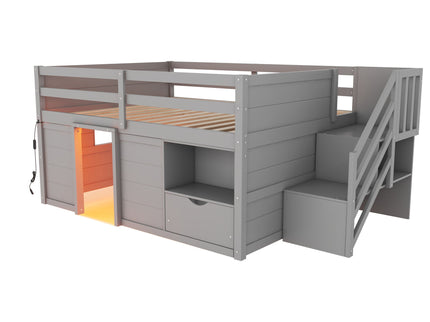 Low Loft Bed Frame With Built In Stairs, Storage Drawer, Shelf And 7 Color LED Light