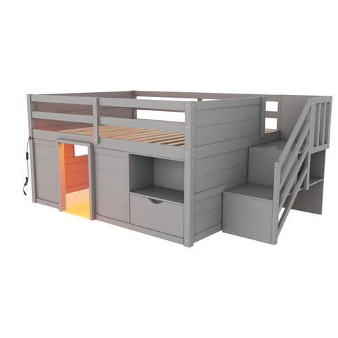 Low Loft Bed Frame With Built In Stairs, Storage Drawer, Shelf And 7 Color LED Light