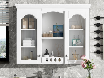 Wall-Mounted Medicine Cabinet With 2 Glass Doors, Adjustable Shelves - White