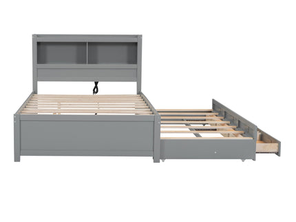 Full Size Platform Bed With Trundle, Drawers, USB Ports And Built In Shelves - Gray
