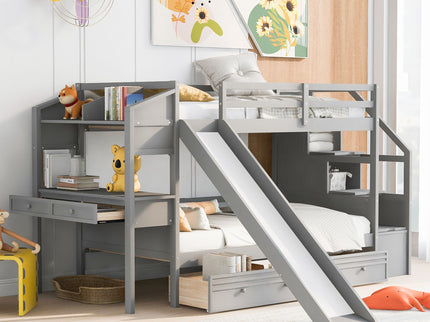 Bunk Bed With Storage Staircase, Slide, Desk, Drawers, And Shelves
