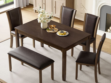 6 Piece Dining Table Set & Bench And Chairs For Dining Room - Dark Walnut