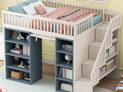 Full Size Loft Bed With 2 Four Layer Storage Cabinets And Curtain With Built In Staircase And Privacy Curtain - White