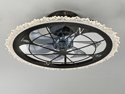 Caged Ceiling Fan & Remote Controlled Dimmable LED Lights, Flush Mount Fan, Low Profile Design - Antique Black