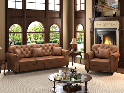Upholstered Sofa With Nailhead Trim, Rolled Armrests With Ottoman