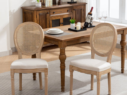 French Style Solid Wood Frame Antique Painting Fabric Rattan Back Dining Chair (Set of 2)