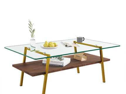 Rectangle Coffee Table, Tempered Glass Tabletop With Metal Legs, Modern Table For Living Room