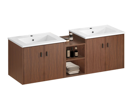 Soft Close Doors Bathroom Vanity With Small Storage Shelves, 24" And 12" Combination Cabinet - Reddish Brown