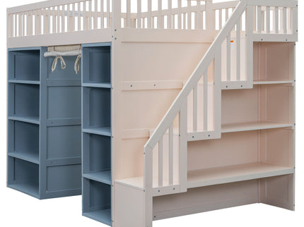 Full Size Loft Bed With 2 Four Layer Storage Cabinets And Curtain With Built In Staircase And Privacy Curtain - White