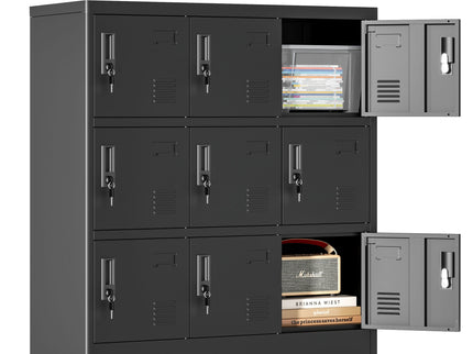 9 Door Employee Storage Locker With Card Slot, Lockers For Office, Gym, School, And Home - Black