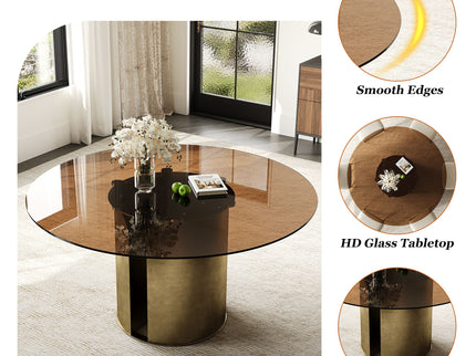 Round Dining Table With Glass Top, Kitchen And Living Room Furniture - Brown