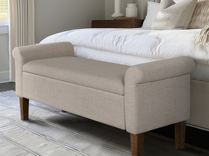 Upholstered Storage Bench With Rolled Armrests - Beige