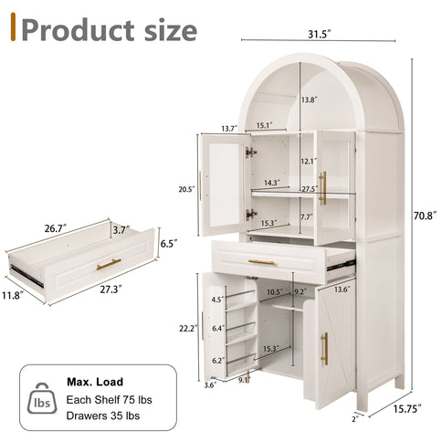 Arched Kitchen Pantry Cabinet With Adjustable Shelves & Barn Door Design