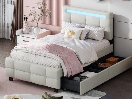 Upholstered Platform Bed With LED Frame, With Trundle And 2 Drawers