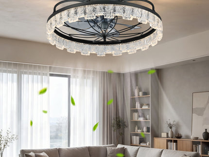 Ceiling Fan With Light, Flower Caged Ceiling Fan With Remote, LED Low Profile Ceiling Light - Matte Black