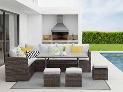 7 Piece Outdoor Dining Set With Cushions, Modular Sectional Sofa And Table