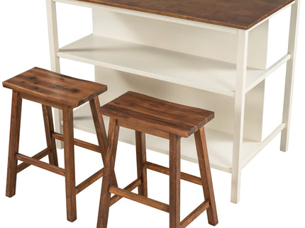 Rustic 3 Piece Stationary Kitchen Island Set With 2 Seatings, With 2 Open Shelves