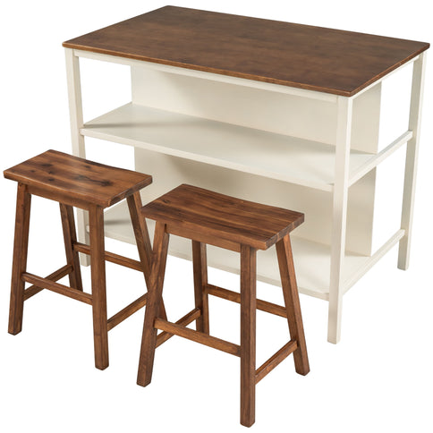 Rustic 3 Piece Stationary Kitchen Island Set With 2 Seatings, With 2 Open Shelves