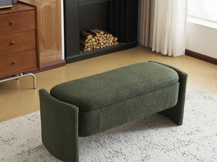 Elegant Long Shaped Storage Ottoman Bench, Boucle Material, Simple And Grand Design - Dark Green