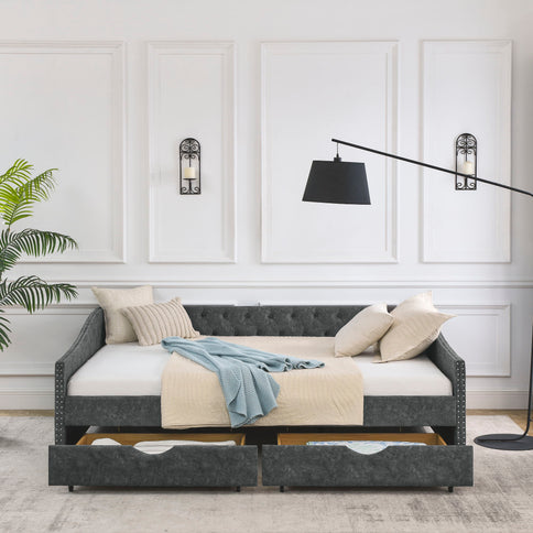 Upholstered Tufted Daybed With Drawers, Waved Arms