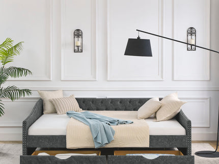 Queen Size Upholstered Daybed With Tufted Back And Nail Trimmed Waved Arms - Gray