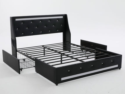Wingback Upholstered Bed Frame With LED Lights, Charging Station