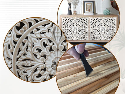 Carved 4 Door Cabinet, Storage Sideboard For Living Room - Multi