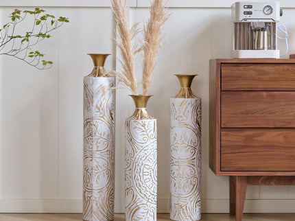 Floor Metal Vases Decorated Metal Vases (Set of 3) Gorgeous Home Decoration Large Glazed Metal Vases - White / Gold
