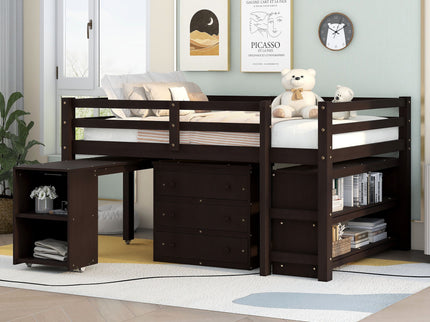 Loft Low Study Bed With Cabinet, Shelves And Rolling Portable Desk, Multiple Functions
