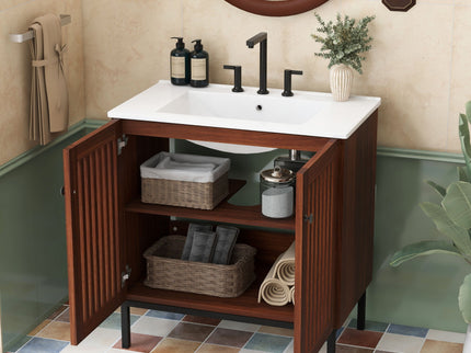 30" Vintage Bathroom Vanity With Ceramic Sink, Modern Bathroom Vanity Cabinet With 2 Soft Close Doors, Equpiied With 4 Sturdy Iron Legs - Antique Dark Brown