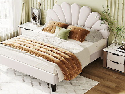 Upholstered Platform Bed With Flower Pattern Headboard