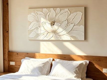 Lotus Flower Canvas Wall Art, Hand Painted Textured Floral Painting - Antique White