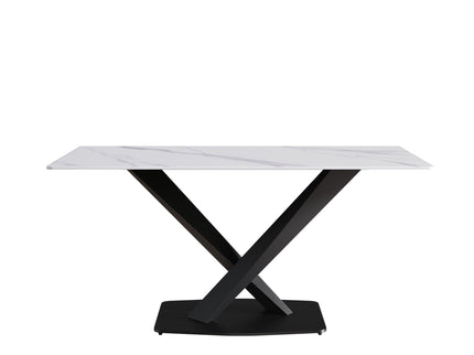 63" Modern Artificial Stone Straight Edge Metal X-Leg Dining Table, 6 People - White / Black