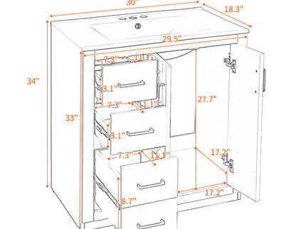 Ceramic Sink Combo, Freestanding Vanity Set With 3 Drawers & Soft Closing Doors